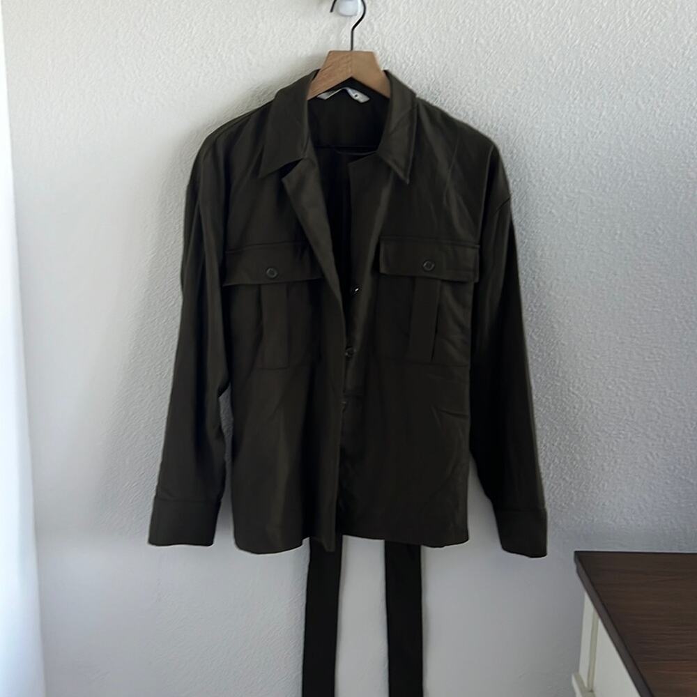 Zara Button Front Button Collar Green Shacket Shirt Long Sleeve Tie Side Slit XL